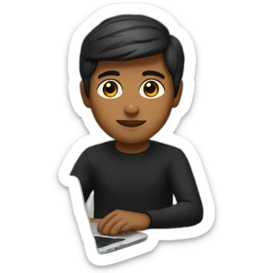    memoji of a man with a laptop in front, apple-style,modern,dark hair,black sweater,computer in hand, srilankan brown skin, sitting on his desk, eyes brown sticker
