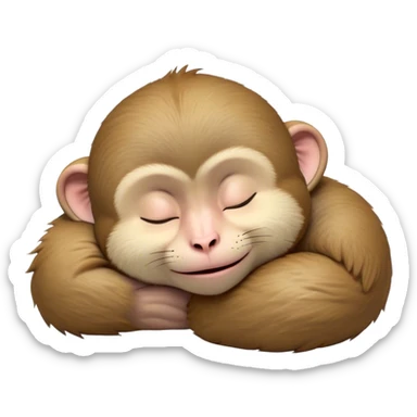 Meme-Worthy cute Sleeping Macaque Portrait Emoji, Head resting peacefully with a contented smile, showcasing soft, downy fur and eyes gently closed in serene slumber, Simplified yet comically adorable features, highly detailed, glowing with a soft, drowsy glow, high shine, relaxed and utterly lovable, stylized with an air of playful laziness, bright and heartwarming, soft glowing outline, capturing the essence of a sleeping macaque that feels destined to become the next viral icon of adorable rest! sticker
