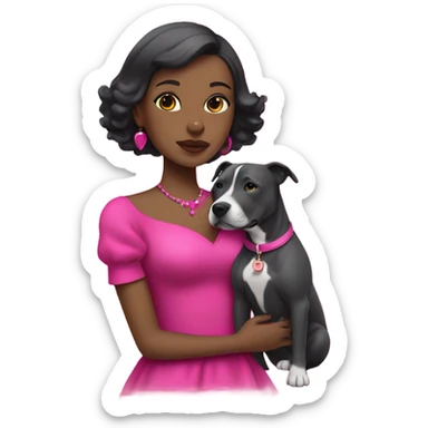 Black lady with black hair wearing hot pink dress hugging all grey pitbull with pink collar sticker