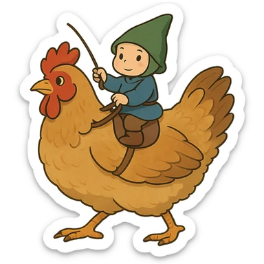 ghibli style chicken jockey small character riding a chicken sticker