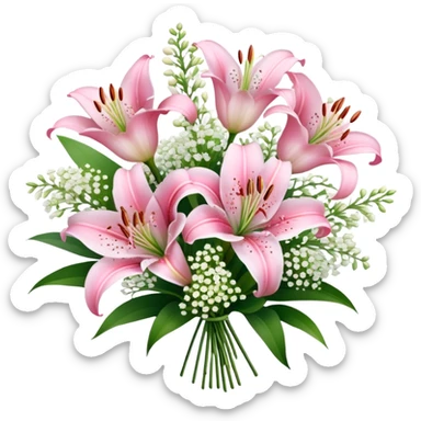 a bouquet of pink lilies with baby's breath flower  sticker