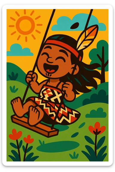 A young Maori girl with traditional features, swinging joyfully on a swing, wearing a patterned dress and a feather in her hair, outdoors, vibrant and expressive style sticker
