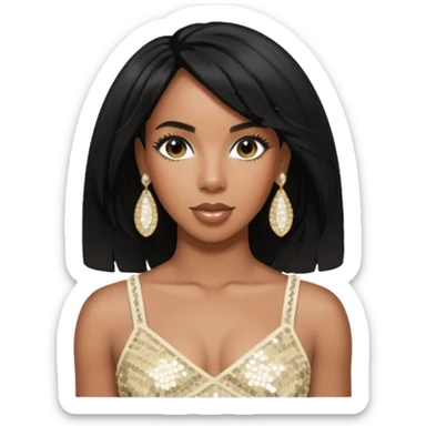 Kelly Rowland with black hair, ivory sequin crop top, ivory earring sticker