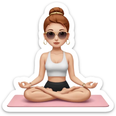 Clean girl influencer character, chest-up portrait.Sleek tight bun hair color (auburn .Natural glossy makeup, soft blush, shiny lips.chest up portrait , small gold hoop earrings, delicate gold necklace.Black sunglasses on head.Rolled yoga mat hanging over her shoulder. sticker