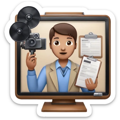Icon for Documentary Film: A TV show-style design with a large screen displaying a documentary scene. Include papers, a clipboard, and files scattered around, along with a microphone and camera. The design should evoke a news or investigative TV program vibe. Transparent background. sticker