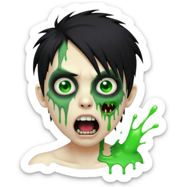  emo zombie black punk hair with cuts on face and open mouth with fluid coming out of mouth sticker