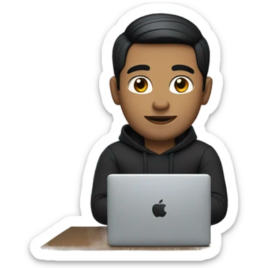 memoji of a man with a laptop in front, apple-style,modern,fair white skin,black hair,black sweater,computer in hand,sitting on his desk sticker