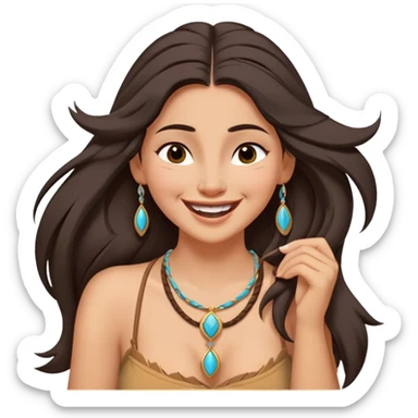 Cinematic Adorable Pocahontas Portrait Emoji, Laughing softly as Meeko tugs at her necklace, hair tousled in the wind, eyes full of warmth, a carefree spirit shining through, capturing the essence of beauty and playfulness! sticker