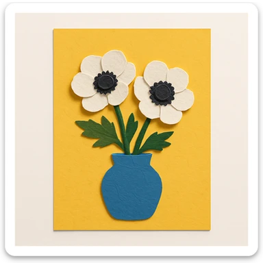 bouquet of white and black anemone flowers in a blue ceramic vase, yellow background sticker