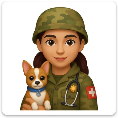 military girl, a medic with a small dog, emoji style, make the character look like her sticker