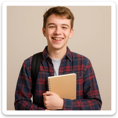 white teenage boy student, cheerful, wearing a plaid shirt, holding a notebook, simple background sticker