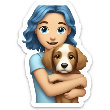 Please create a girl who hugs her pet doggie. The girl has a cute face and so does the doggie. The girl has light skin, blue eyes and light wavy long hair. sticker