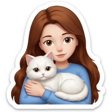 White girl with long brown hair snuggling fluffy white cat sticker