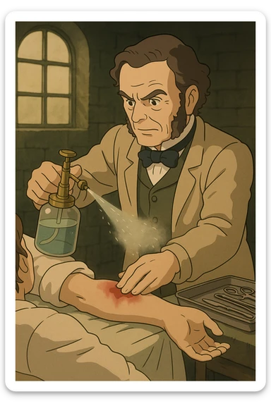 Joseph Lister, a surgeon from the late 1800s using a carbolic water spray during on operation on a patient's arm.. The water spray is being aimed at the open wound on the patient's arm.  There is a tray of operating tools to the side. sticker