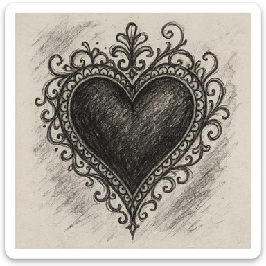 gothic heart with lace border, ornate, dark, elegant, pencil sketch style sticker