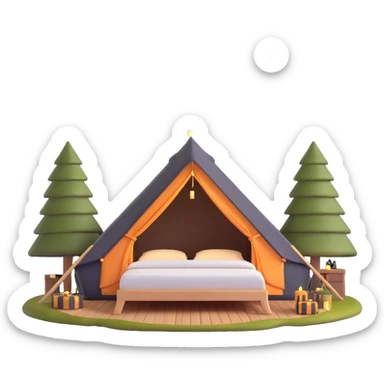 glamping luxury tent with string lights and comfortable bed sticker