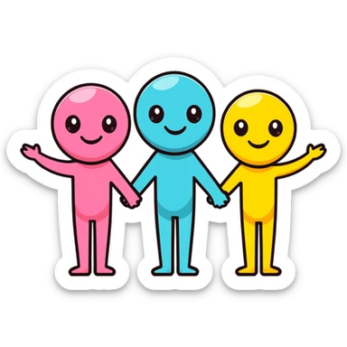Three smiling characters standing together with complementary personality traits symbolized by different colored auras that blend harmoniously sticker