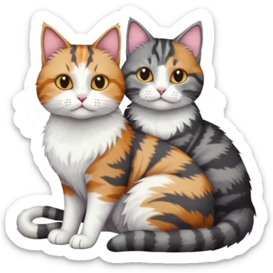 full body colourful light patched calico + white tabby cat cuddling a bigger cat that is dark grey and white tabby cat  sticker
