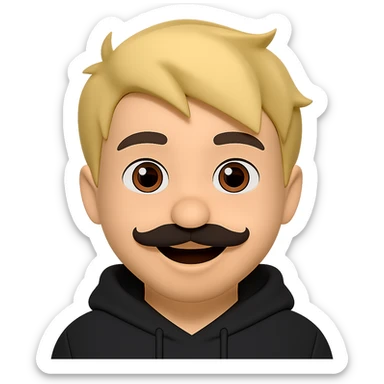 Add a black hoodie to the Asian man with a small mustache and short messy blond hair in emoji style. Preserve the transparent background. The man is smiling. sticker