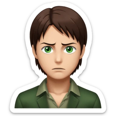“Create an avatar that looks like Eren Yeager from Attack on Titan, Season 4 — sharp jawline, tied-back long brown hair, intense green eyes. sticker