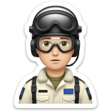 A Finnish modern soldier in a white snow uniform. with black night vision goggles sticker