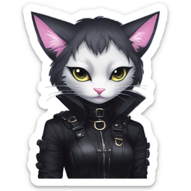 Gorgeous furry gothic dark techwear anime style anthro black cat furry with blushing face aesthetic and pretty edgy black with collar and harness trending style sticker