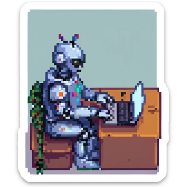 robot working on a laptop, pixel art style sticker