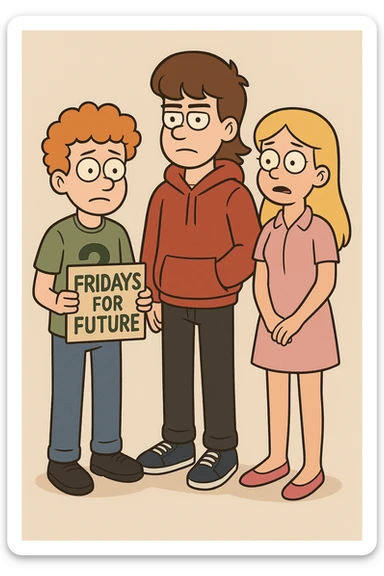  Fridays for Future a boy orange curly hair green question t-shirt jeans black shoes boy brown Hockey Hair red hoodie black trousers navy blue trainer shoes girl yellow hair with shirt dress pink shoe boy Yellow Orange hair blue jackets hoodie dark blue jeans white shoe  sticker