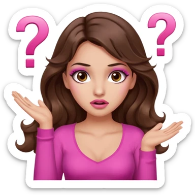girl with long wavy brown hair, brown eyes, long lashes makeup, sexy pink lips, light to medium complexion, pink sexy top,, shrugging with both hands, confused, question mark sticker