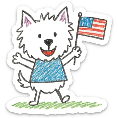 happy Westie dog waving a small US flag, children’s doodle cartoon style sticker