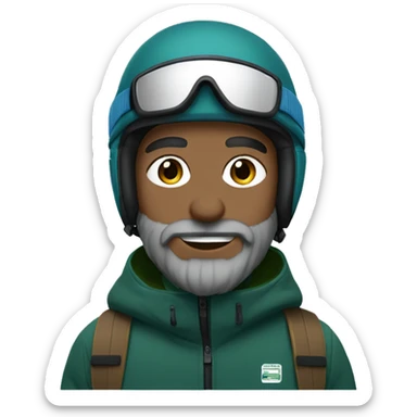 Snowboarder, black helmet, blue eyes, grey beard, dark green jacket sticker