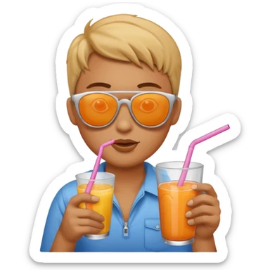 Sun is wearing sunglasses and drinking juice with stra sticker