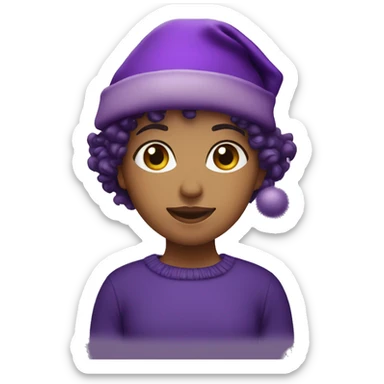Girl with short curly hair and a purple Christmas’s hat sticker