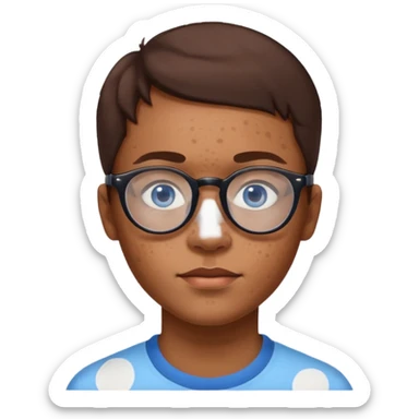 vitiligo emoji, with vitiligo spots around eyes and on the chin. brown hair, blue eyes, wearing glasses  sticker