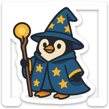 a penguin dressed as a wizard, with a pointed hat and a magic staff, in a charming and whimsical style sticker