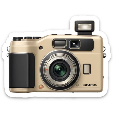Olympus Superzoom 70G camera, grayish-beige color, accurate representation with correct proportions and silhouette, compact rectangular body with rounded edges, small viewfinder, built-in flash unit on top, lens with zoom functionality, exactly matching the real Olympus Superzoom 70G design sticker
