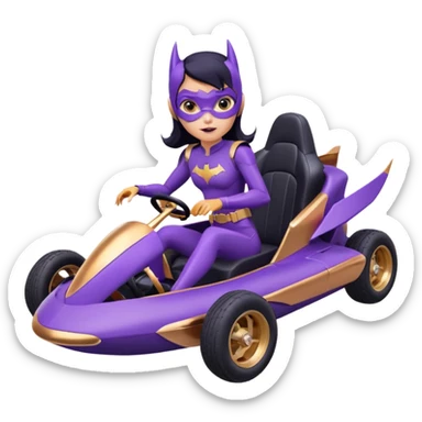 Hot full size real-appearance retro electric racing action BatGirl’s Lego feminine midnight-purple tight outfit sixty’s tv show 1992 stealthy retro sporty safe plush petite off-road pursuit hovering hover cruiser car rose gold accents (black hair,reclined and relaxed seating position) go kart  sticker