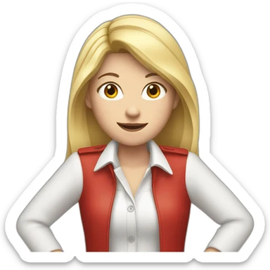 Young white woman, wearing white shirt and red jacket, both hands up  sticker