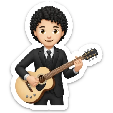 A white boy with black fade curly hair Smiling and holdijg a guitar in a black suit  sticker