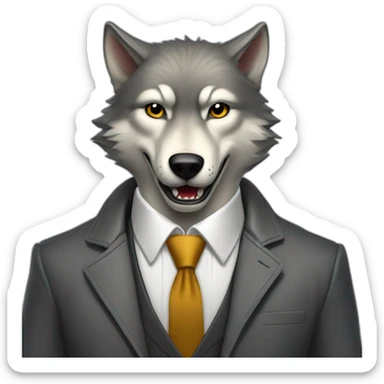 Portrait of a gray wolf showing fangs with a human-like face wears a sleek jacket and tie like a salesman with an open book sticker