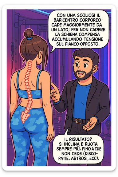 fai questa immagine in versione manga/webtoon a colori con stile di disegno carino e moderno, il manga mostra la donna di spalle, mentre l'uomo le tocca la spina dorsale per spiegarle come funziona la scoliosi:
Con una scoliosi il baricentro corporeo cade maggiormente da un lato; per non cadere la schiena compensa accumulando tensione sul fianco opposto.
Il risultato? Si inclina e ruota sempre più, fino a che non cede (discopatie, artrosi, ecc) sticker