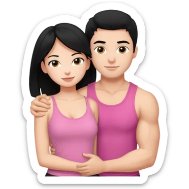 a pretty bratz fair girl. black hair, wearing a pink cami top hugging a handsome fair guy with black hair. lean but muscular who is wearing a black tee sticker