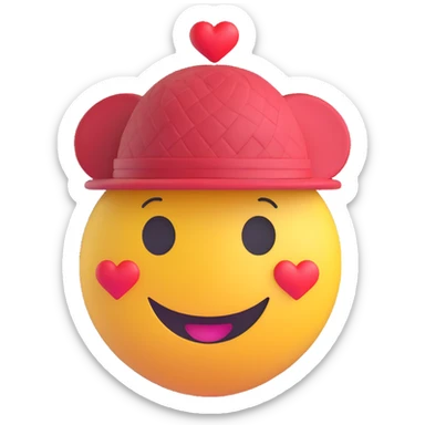 3D smiley emoji, round shape, in love: heart-patterned hat, smiling face, no body sticker