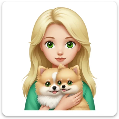 A blond haired girl with green eyes holding a Pomeranian  sticker