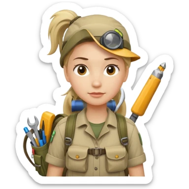 A female explorer with ponytail, backpack full of tools, confident and determined.
 sticker