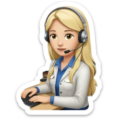 a blondie woman with long hair working with a computer laptop and a grains cargo vessel (boat) around sticker