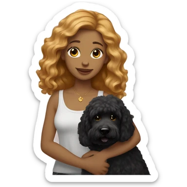girl with medium hair strawberry blonde holding black goldendoodle sticker