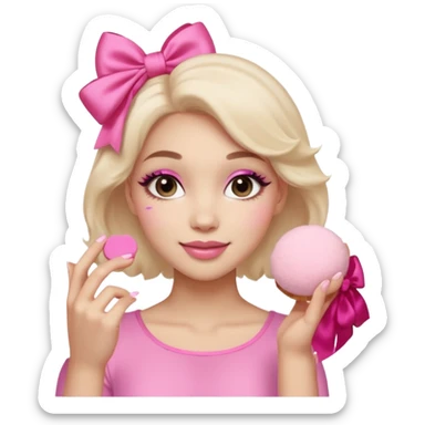 female face, light skin tone, small simple closed smile. One hand visible holding a round fluffy pink makeup powder puff pressed to the cheek; the puff has a small satin bow. sticker