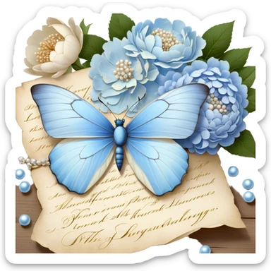 A delicate still life of a pale blue butterfly resting on an aged love letter, sealed with golden wax, accompanied by a bouquet of white peonies and soft blue hydrangeas, with pearl beads scattered nearby.
 sticker