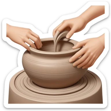 Two hands shaping a clay vessel on a silver pottery wheel, one hand inside and one hand outside the vessel, clean and focused view with no splashing clay sticker